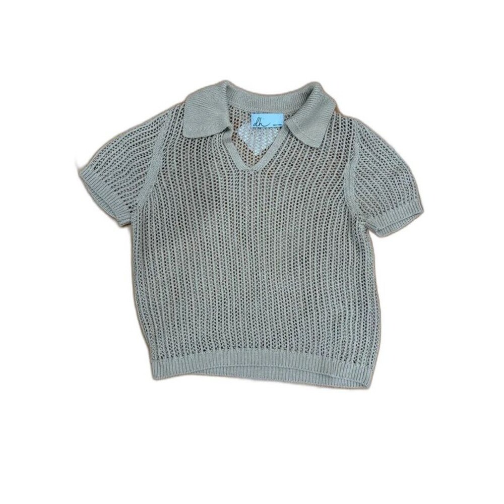 dh New York Open Knit Polo Collar Cora  Sweater Straw Tan Beige Cap Sleeve S/M